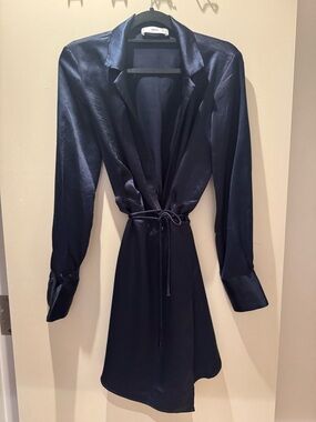 Mango Midnight Navy Satin Wrap Dress with Tie Waist